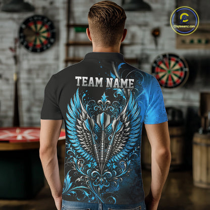 Custom Black And Blue Floral Darts With Wings Men Polo Shirt, Dart Team Jersey IPHW12083