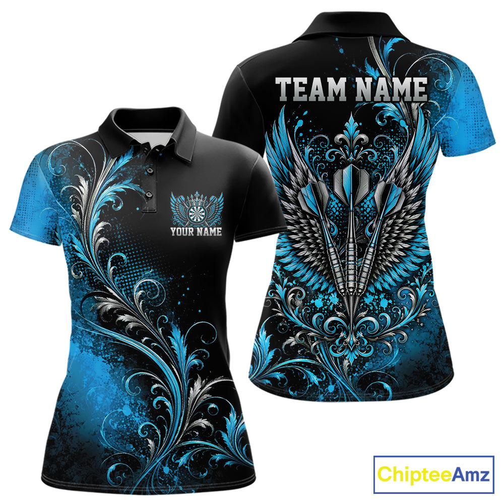 Custom Black And Blue Floral Darts With Wings Women Polo Shirt, Dart Team Jersey IPHW12083