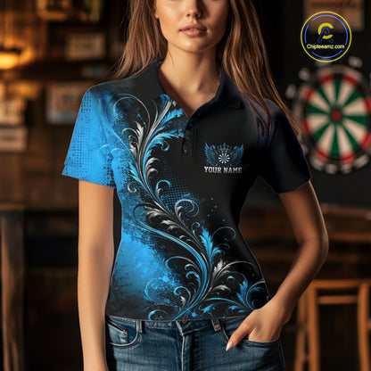 Custom Black And Blue Floral Darts With Wings Women Polo Shirt, Dart Team Jersey IPHW12083