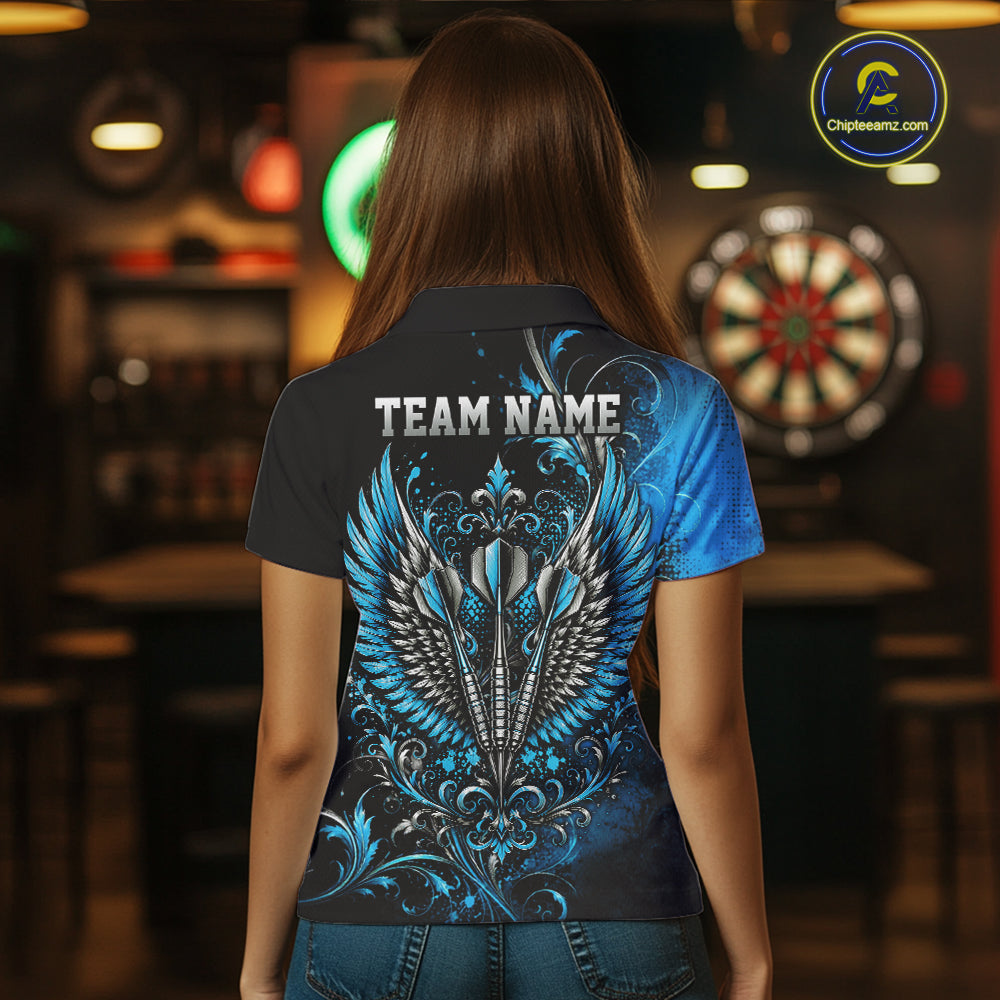 Custom Black And Blue Floral Darts With Wings Women Polo Shirt, Dart Team Jersey IPHW12083