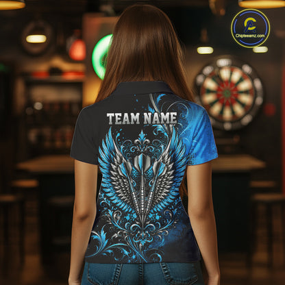 Custom Black And Blue Floral Darts With Wings Women Polo Shirt, Dart Team Jersey IPHW12083