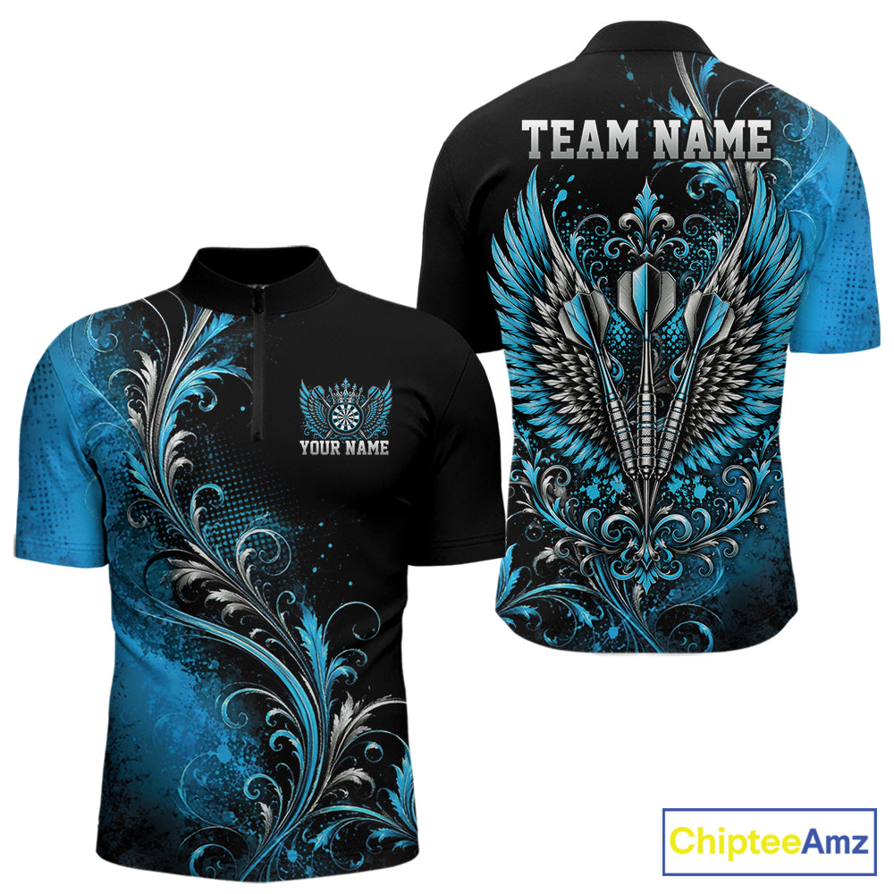 Custom Black And Blue Floral Darts With Wings Men Quarter Zip Shirt, Dart Team Jersey IPHW12083