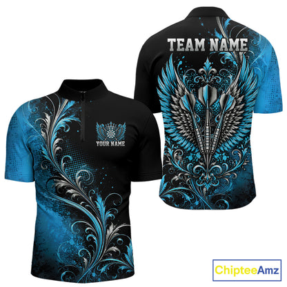 Custom Black And Blue Floral Darts With Wings Men Quarter Zip Shirt, Dart Team Jersey IPHW12083