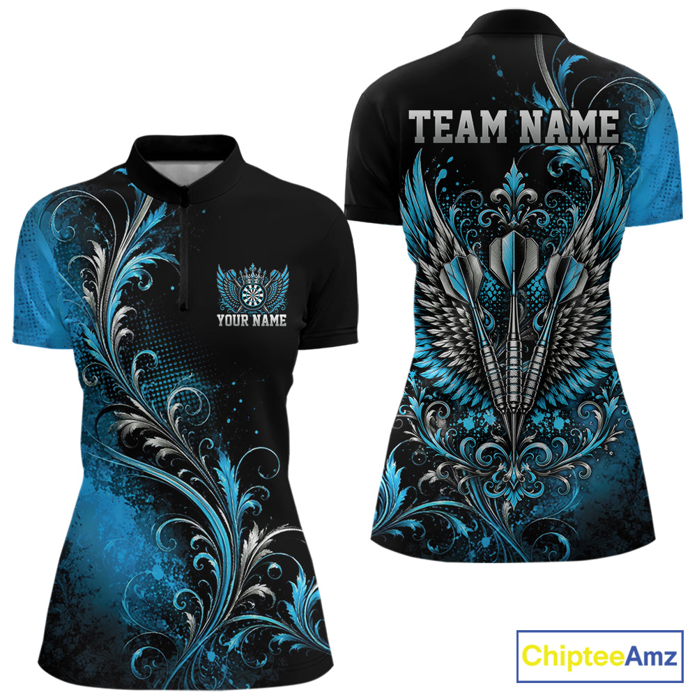 Custom Black And Blue Floral Darts With Wings Women Quarter-Zip Shirt, Dart Team Jersey IPHW12083
