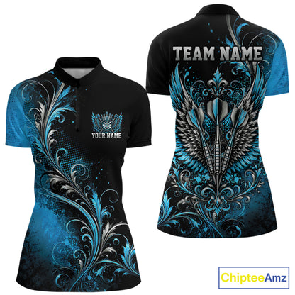 Custom Black And Blue Floral Darts With Wings Women Quarter-Zip Shirt, Dart Team Jersey IPHW12083