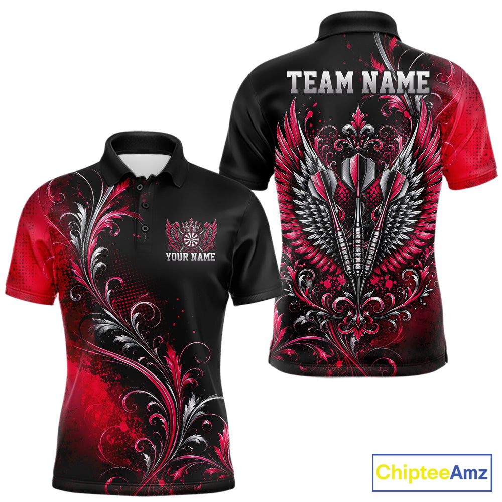 Custom Black And Red Floral Darts With Wings Men Polo Shirt, Dart Team Jersey IPHW12084