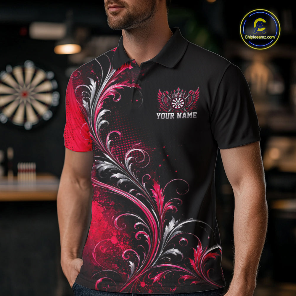 Custom Black And Red Floral Darts With Wings Men Polo Shirt, Dart Team Jersey IPHW12084