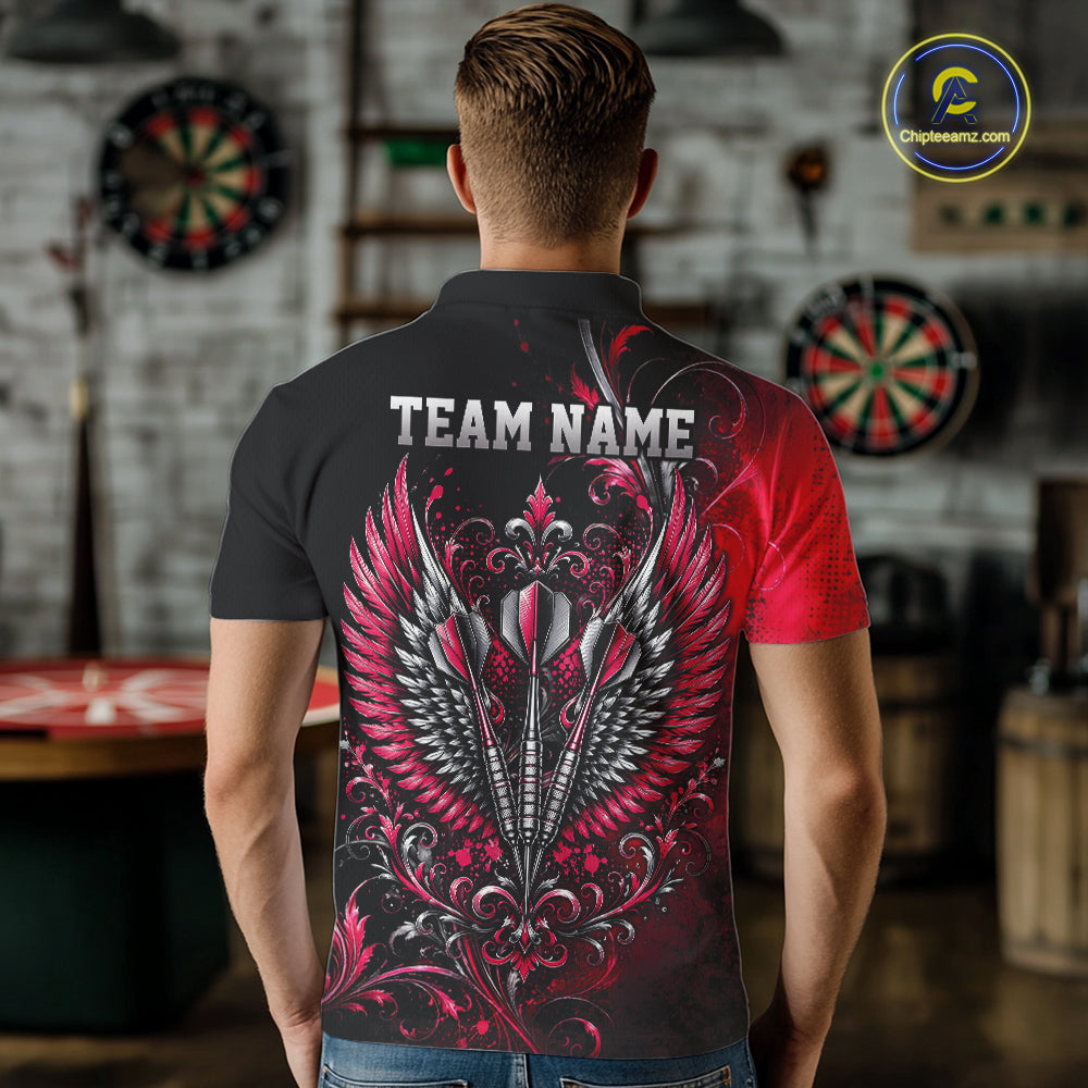 Custom Black And Red Floral Darts With Wings Men Polo Shirt, Dart Team Jersey IPHW12084