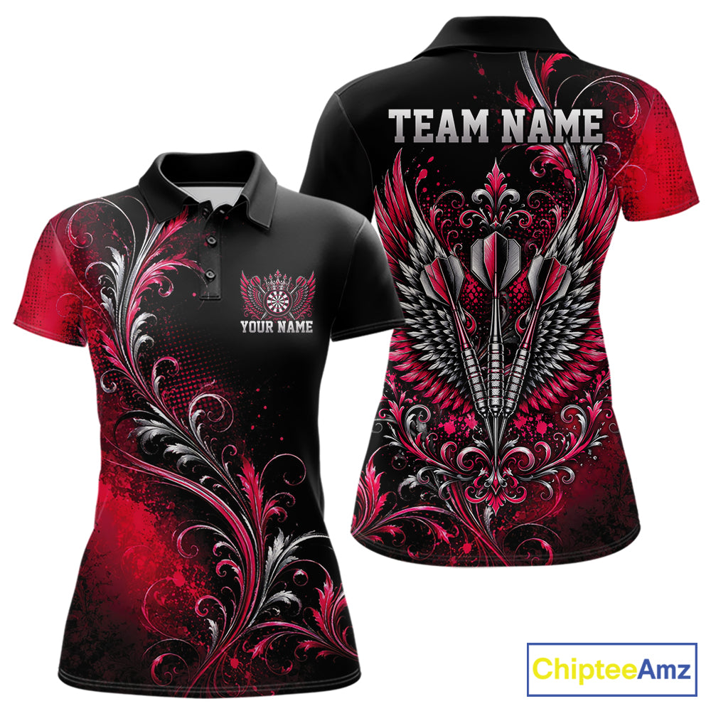 Custom Black And Red Floral Darts With Wings Women Polo Shirt, Dart Team Jersey IPHW12084