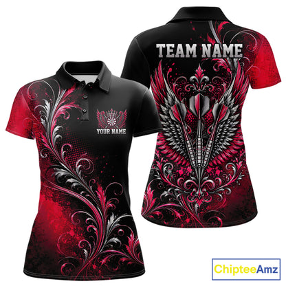 Custom Black And Red Floral Darts With Wings Women Polo Shirt, Dart Team Jersey IPHW12084