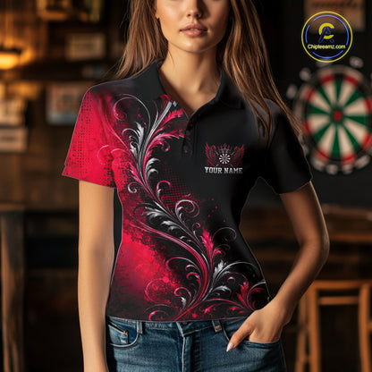 Custom Black And Red Floral Darts With Wings Women Polo Shirt, Dart Team Jersey IPHW12084