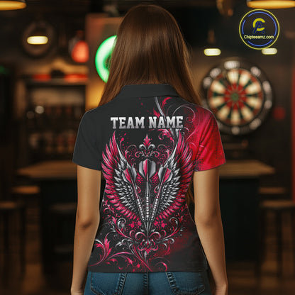 Custom Black And Red Floral Darts With Wings Women Polo Shirt, Dart Team Jersey IPHW12084