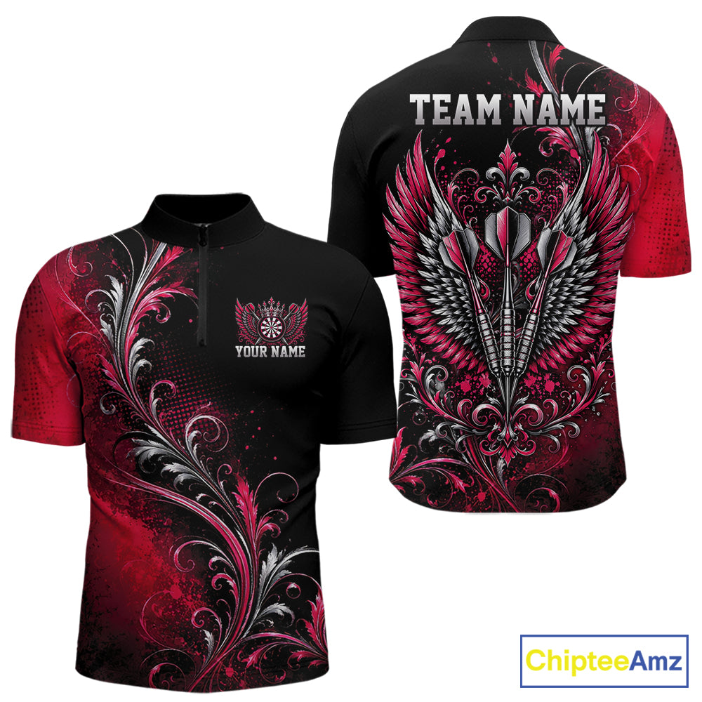 Custom Black And Red Floral Darts With Wings Men Quarter Zip Shirt, Dart Team Jersey IPHW12084