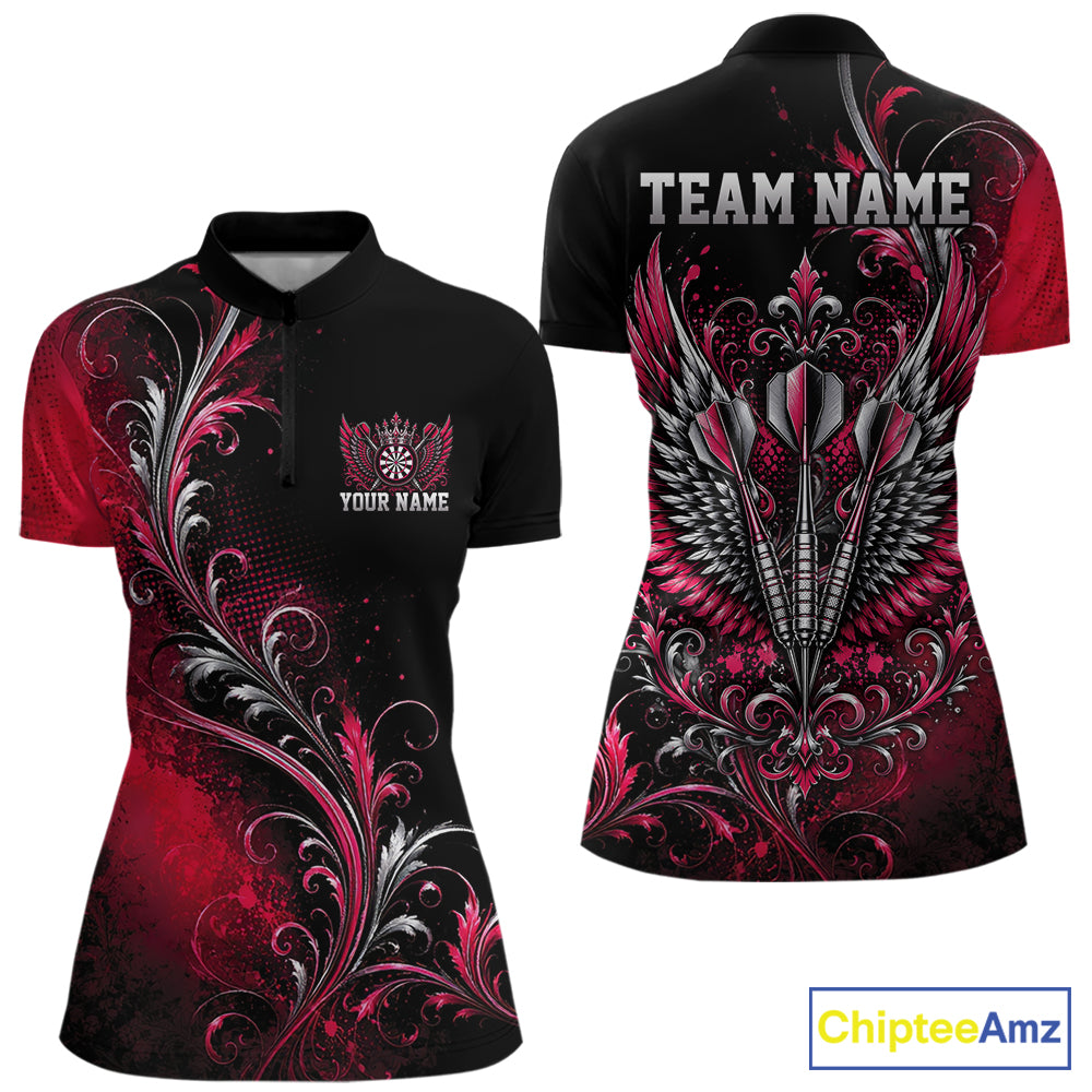 Custom Black And Red Floral Darts With Wings Women Quarter-Zip Shirt, Dart Team Jersey IPHW12084