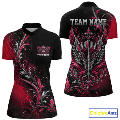 Custom Black And Red Floral Darts With Wings Women Quarter-Zip Shirt, Dart Team Jersey IPHW12084