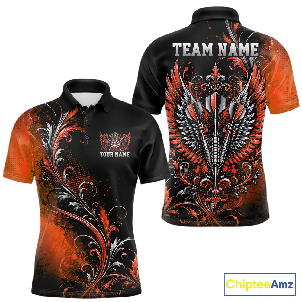 Custom Black And Orange Floral Darts With Wings Men Polo Shirt, Dart Team Jersey IPHW12085