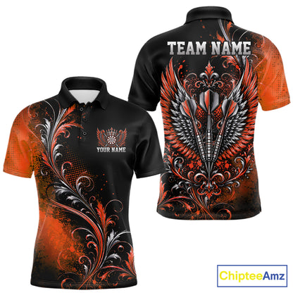 Custom Black And Orange Floral Darts With Wings Men Polo Shirt, Dart Team Jersey IPHW12085