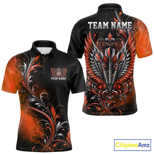 Custom Black And Orange Floral Darts With Wings Men Polo Shirt, Dart Team Jersey IPHW12085