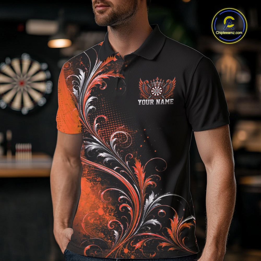 Custom Black And Orange Floral Darts With Wings Men Polo Shirt, Dart Team Jersey IPHW12085
