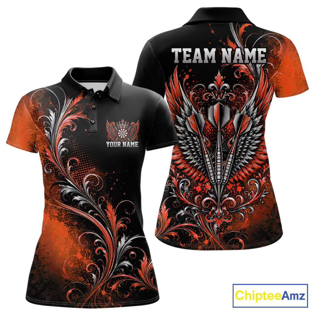Custom Black And Orange Floral Darts With Wings Women Polo Shirt, Dart Team Jersey IPHW12085