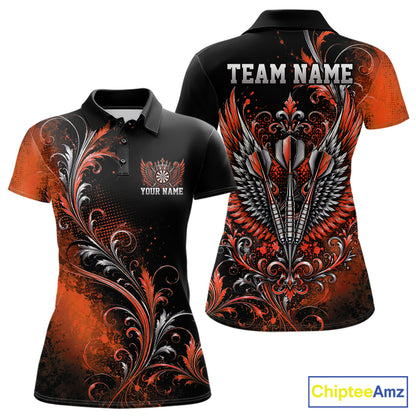 Custom Black And Orange Floral Darts With Wings Women Polo Shirt, Dart Team Jersey IPHW12085