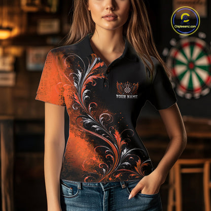 Custom Black And Orange Floral Darts With Wings Women Polo Shirt, Dart Team Jersey IPHW12085