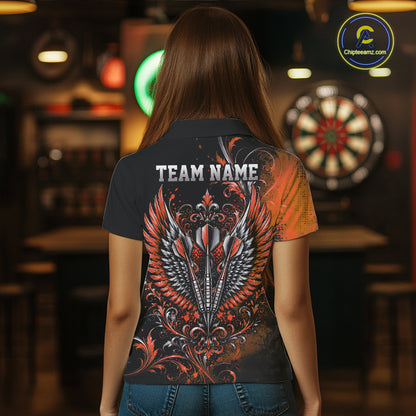 Custom Black And Orange Floral Darts With Wings Women Polo Shirt, Dart Team Jersey IPHW12085