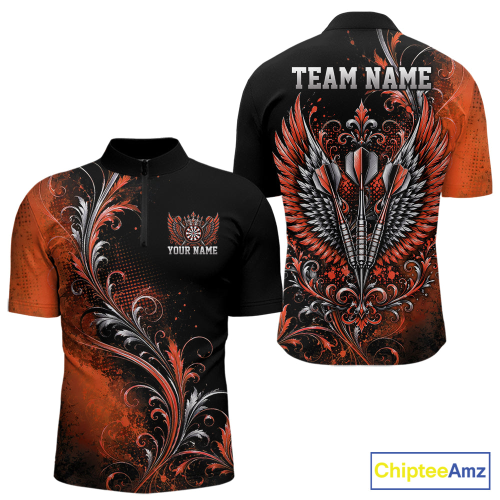 Custom Black And Orange Floral Darts With Wings Men Quarter Zip Shirt, Dart Team Jersey IPHW12085