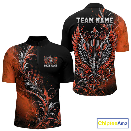 Custom Black And Orange Floral Darts With Wings Men Quarter Zip Shirt, Dart Team Jersey IPHW12085