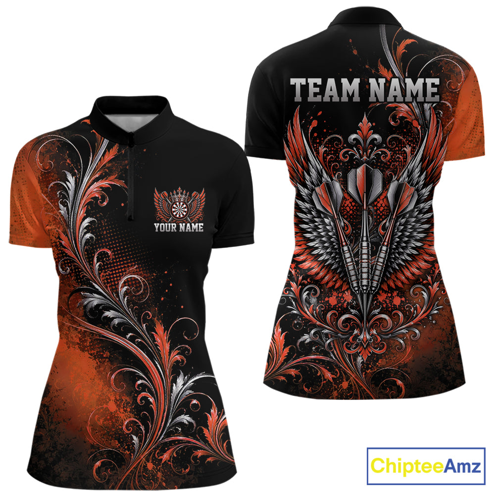 Custom Black And Orange Floral Darts With Wings Women Quarter-Zip Shirt, Dart Jersey IPHW12085