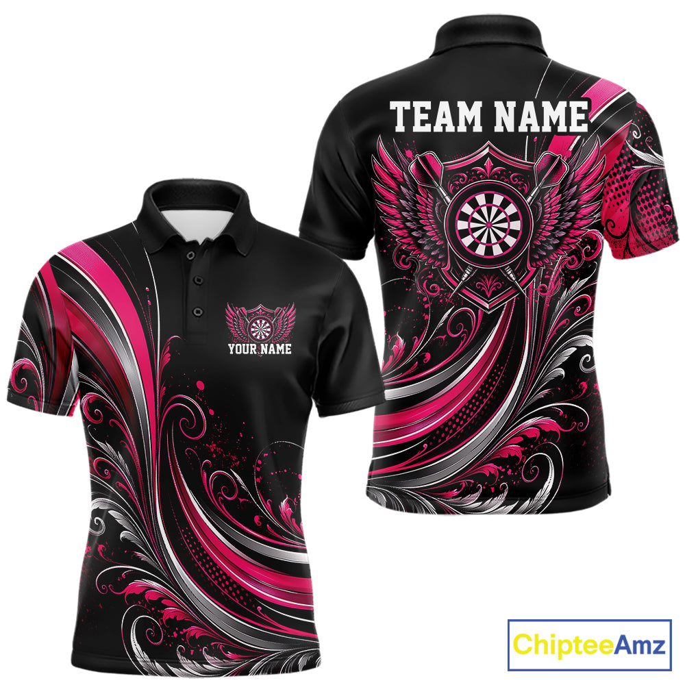 Custom Pink Swirls Crossed Darts And Dartboard Crest With Wings Men Polo Dart Shirt IPHW12086