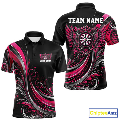 Custom Pink Swirls Crossed Darts And Dartboard Crest With Wings Men Polo Dart Shirt IPHW12086