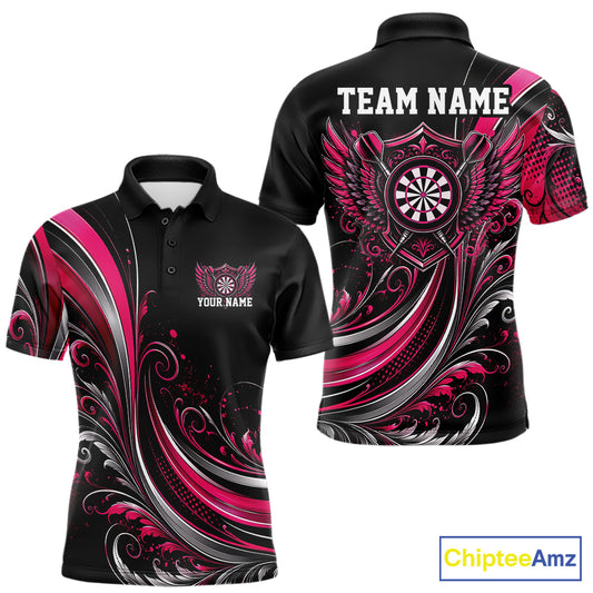 Custom Pink Swirls Crossed Darts And Dartboard Crest With Wings Men Polo Dart Shirt IPHW12086