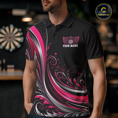 Custom Pink Swirls Crossed Darts And Dartboard Crest With Wings Men Polo Dart Shirt IPHW12086