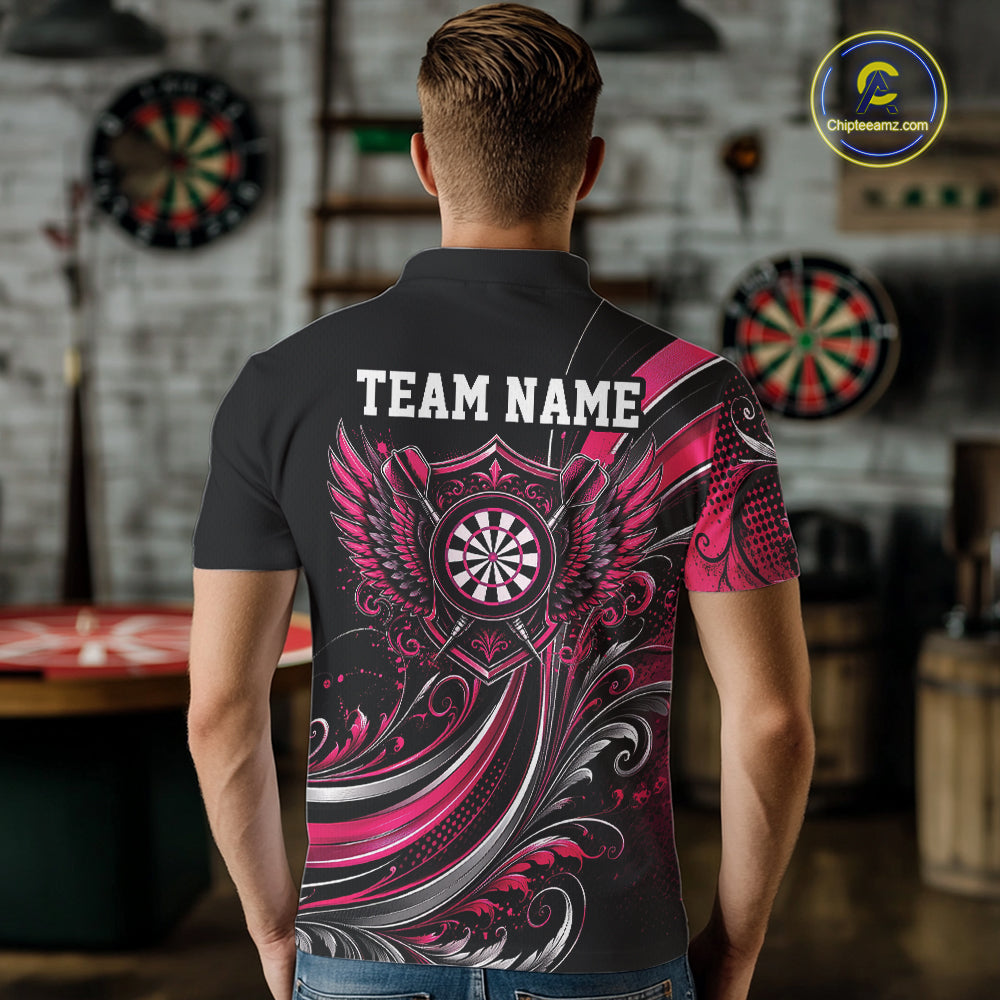 Custom Pink Swirls Crossed Darts And Dartboard Crest With Wings Men Polo Dart Shirt IPHW12086