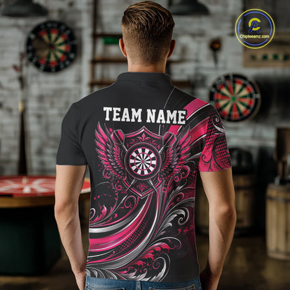 Custom Pink Swirls Crossed Darts And Dartboard Crest With Wings Men Polo Dart Shirt IPHW12086