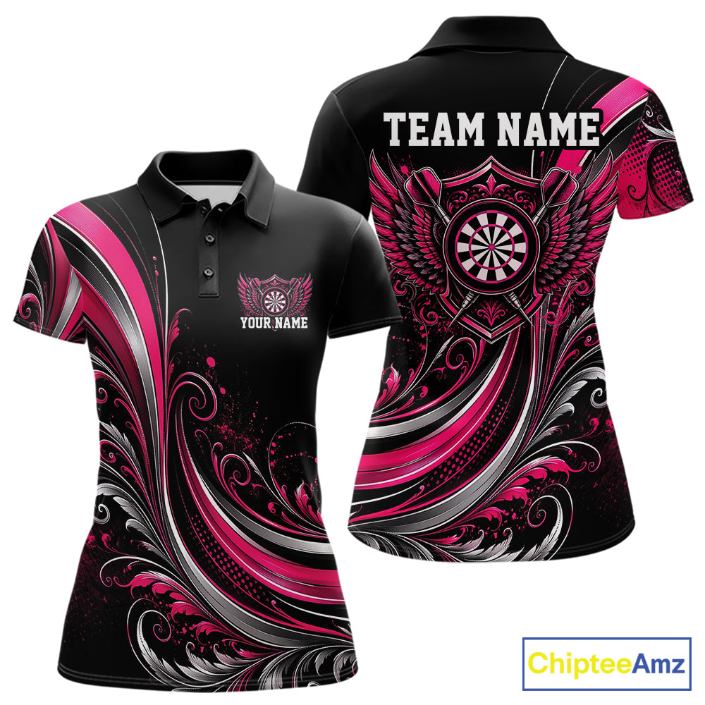 Custom Pink Swirls Crossed Darts And Dartboard Crest With Wings Women Polo Dart Shirt IPHW12086