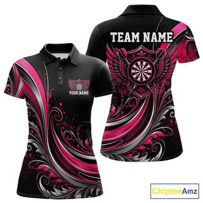 Custom Pink Swirls Crossed Darts And Dartboard Crest With Wings Women Polo Dart Shirt IPHW12086