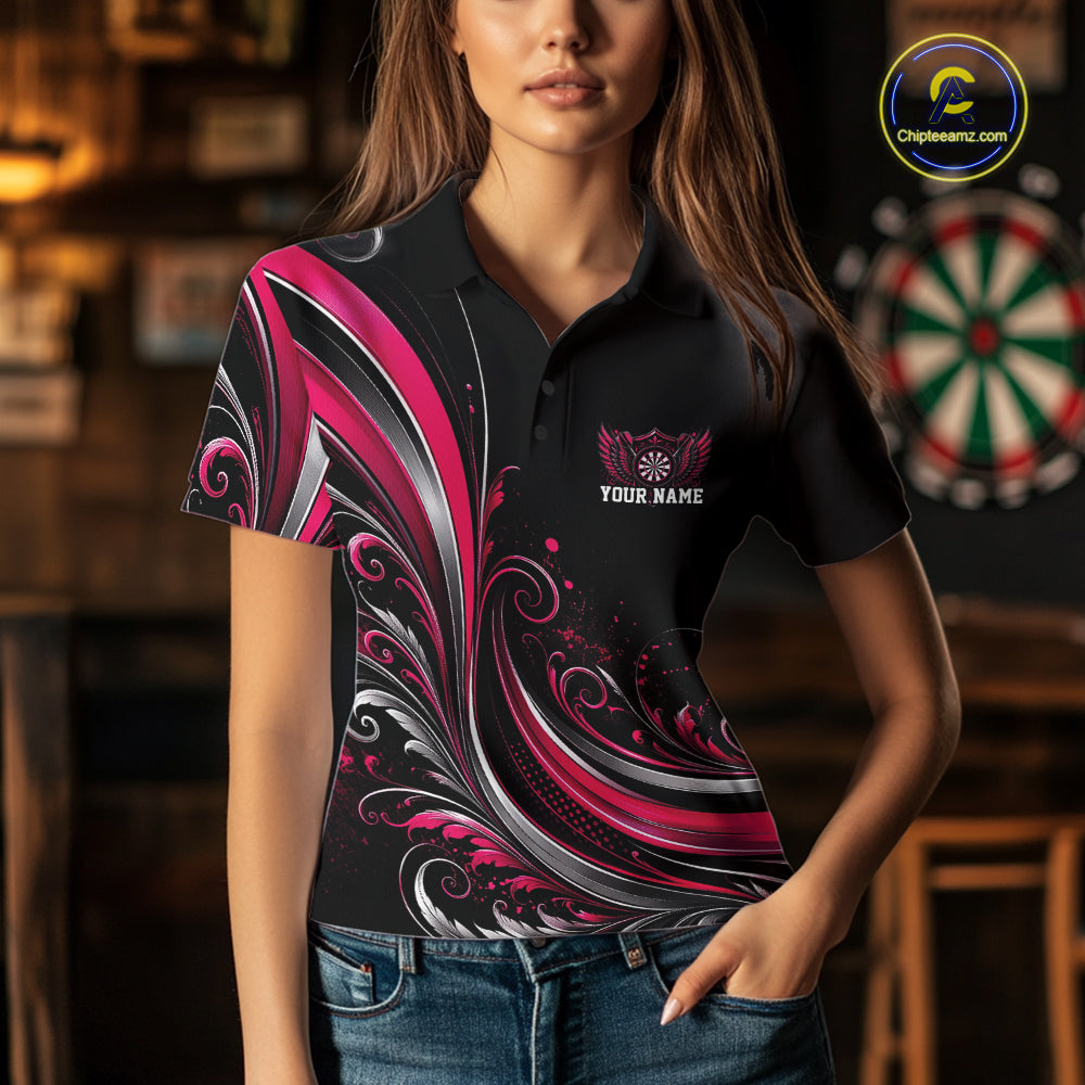 Custom Pink Swirls Crossed Darts And Dartboard Crest With Wings Women Polo Dart Shirt IPHW12086