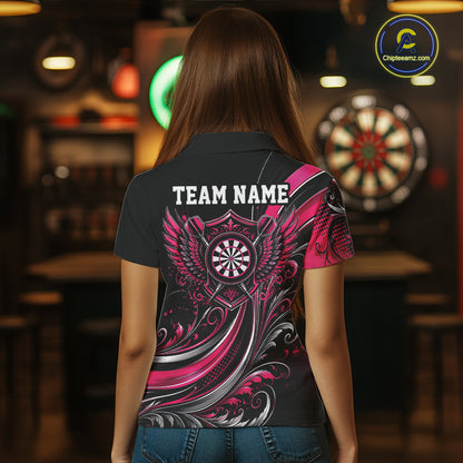 Custom Pink Swirls Crossed Darts And Dartboard Crest With Wings Women Polo Dart Shirt IPHW12086