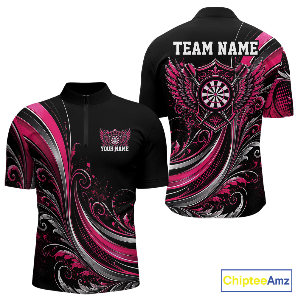 Custom Pink Swirls Crossed Darts And Dartboard Crest With Wings Men Quarter Zip Dart Shirt IPHW12086