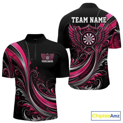 Custom Pink Swirls Crossed Darts And Dartboard Crest With Wings Men Quarter Zip Dart Shirt IPHW12086