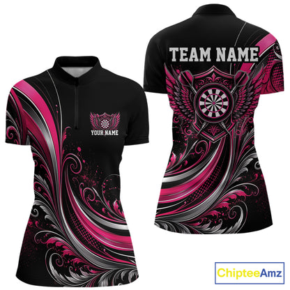 Custom Pink Swirls Crossed Darts And Dartboard Crest With Wings Women Dart Shirt IPHW12086