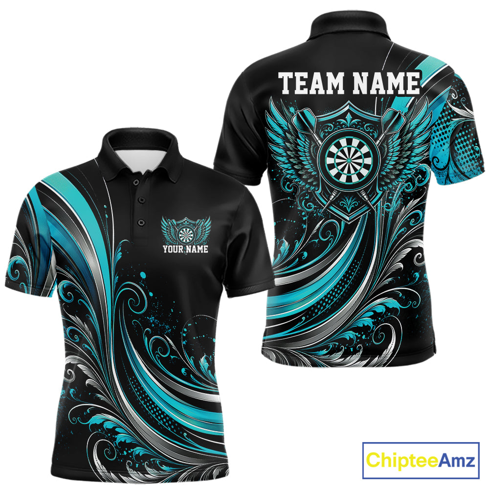 Custom Turquoise Blue Swirls Crossed Darts And Dartboard With Wings Men Polo Dart Shirt IPHW12087