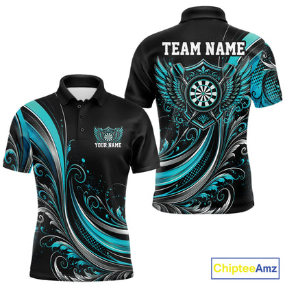 Custom Turquoise Blue Swirls Crossed Darts And Dartboard With Wings Men Polo Dart Shirt IPHW12087