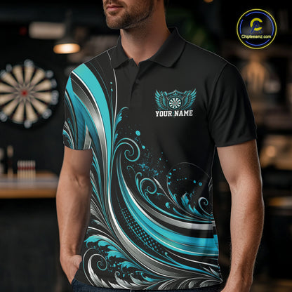 Custom Turquoise Blue Swirls Crossed Darts And Dartboard With Wings Men Polo Dart Shirt IPHW12087