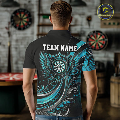 Custom Turquoise Blue Swirls Crossed Darts And Dartboard With Wings Men Polo Dart Shirt IPHW12087