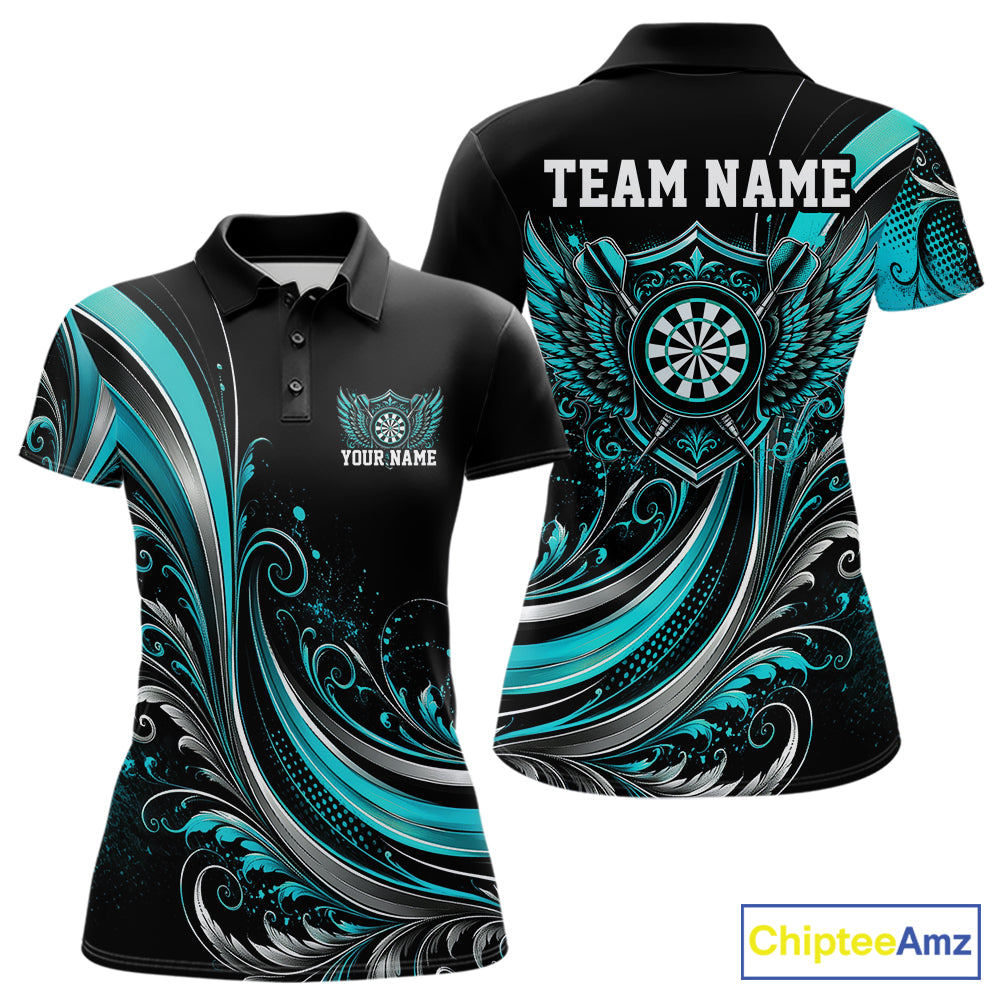 Custom Turquoise Blue Swirls Crossed Darts And Dartboard With Wings Women Polo Dart Shirt IPHW12087