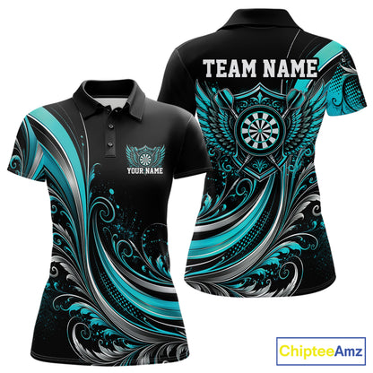 Custom Turquoise Blue Swirls Crossed Darts And Dartboard With Wings Women Polo Dart Shirt IPHW12087