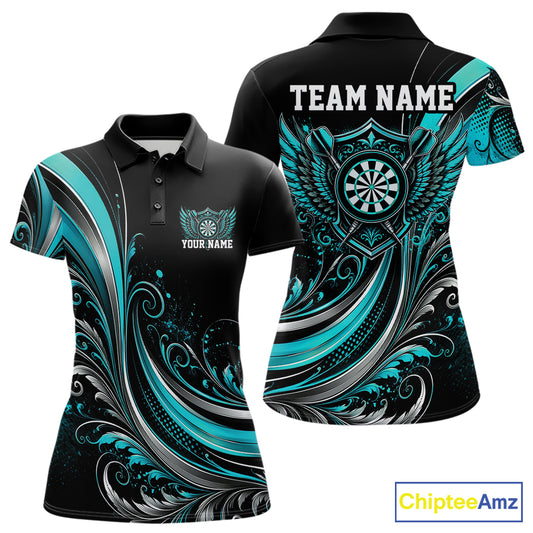 Custom Turquoise Blue Swirls Crossed Darts And Dartboard With Wings Women Polo Dart Shirt IPHW12087